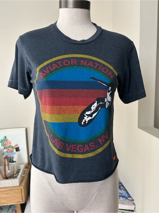 Aviator Nation Tops - Aviator Nation Navy Tee with Multicolor Retro Stripe Emblem